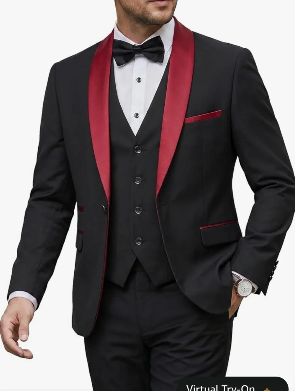 Men's Black Tuxedo Jacket with Red Satin Shawl Lapel- Jacket Only Small